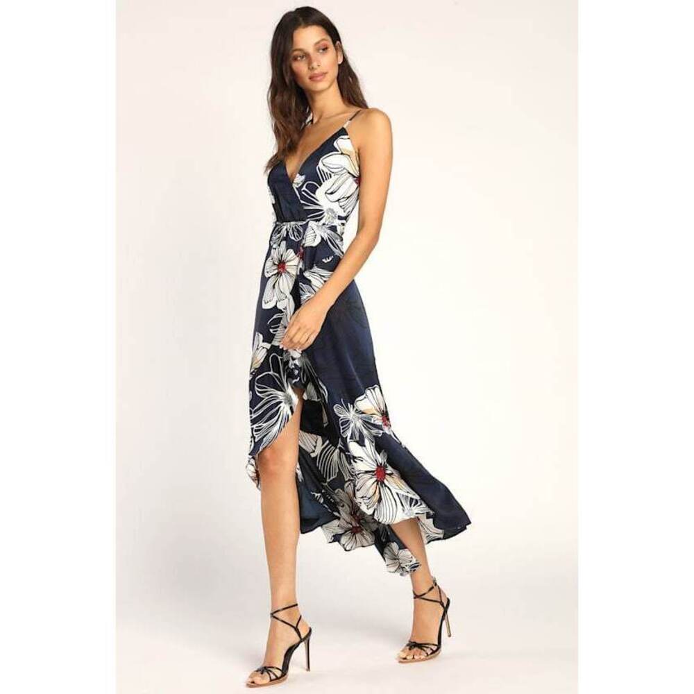 Lulus Navy Blue Floral Print Ruffled Faux-wrap Midi Dress - Size L